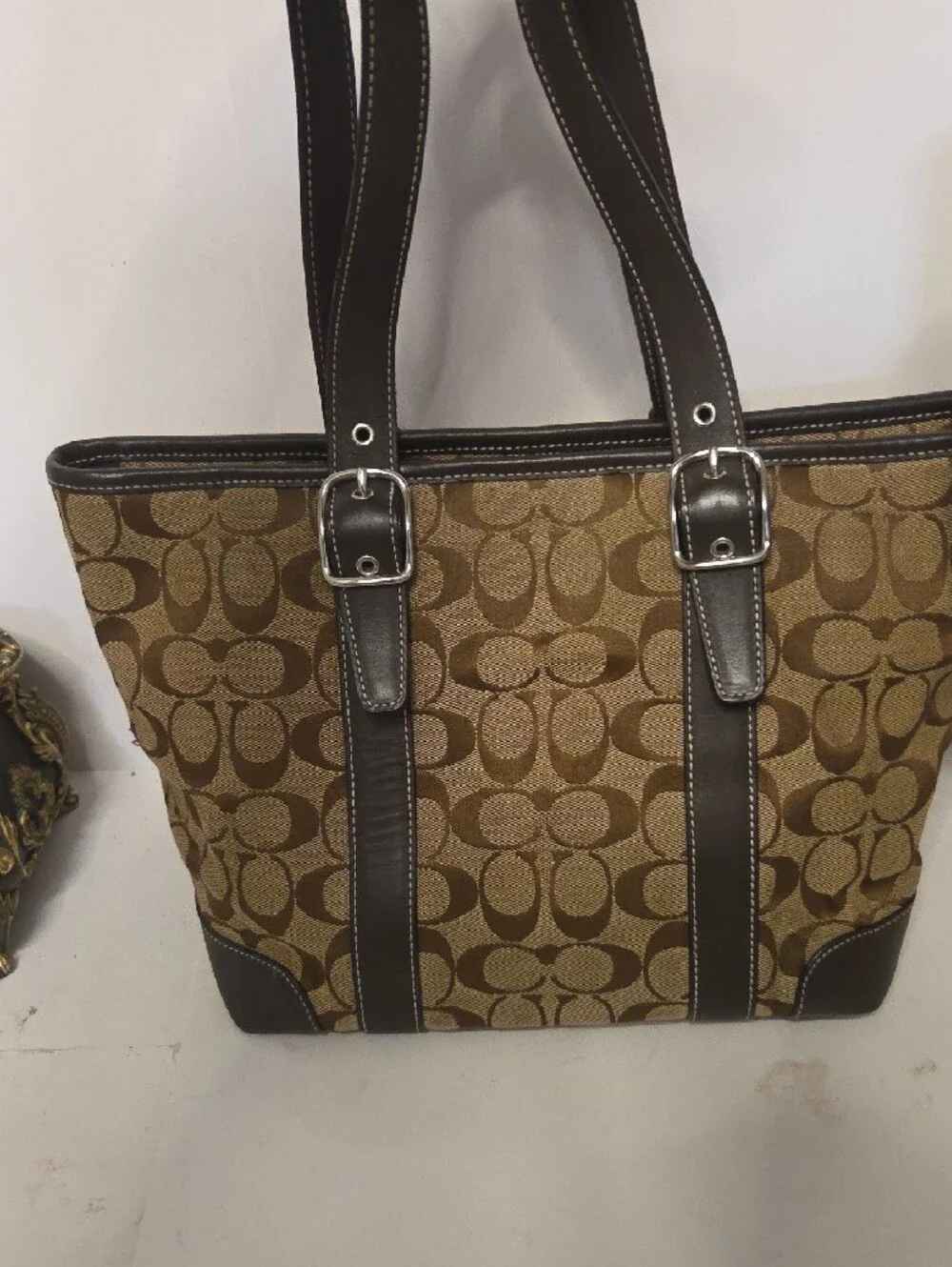 Coach Brown Signature Canvas Tote with Dark Brown Trim 14x9x7